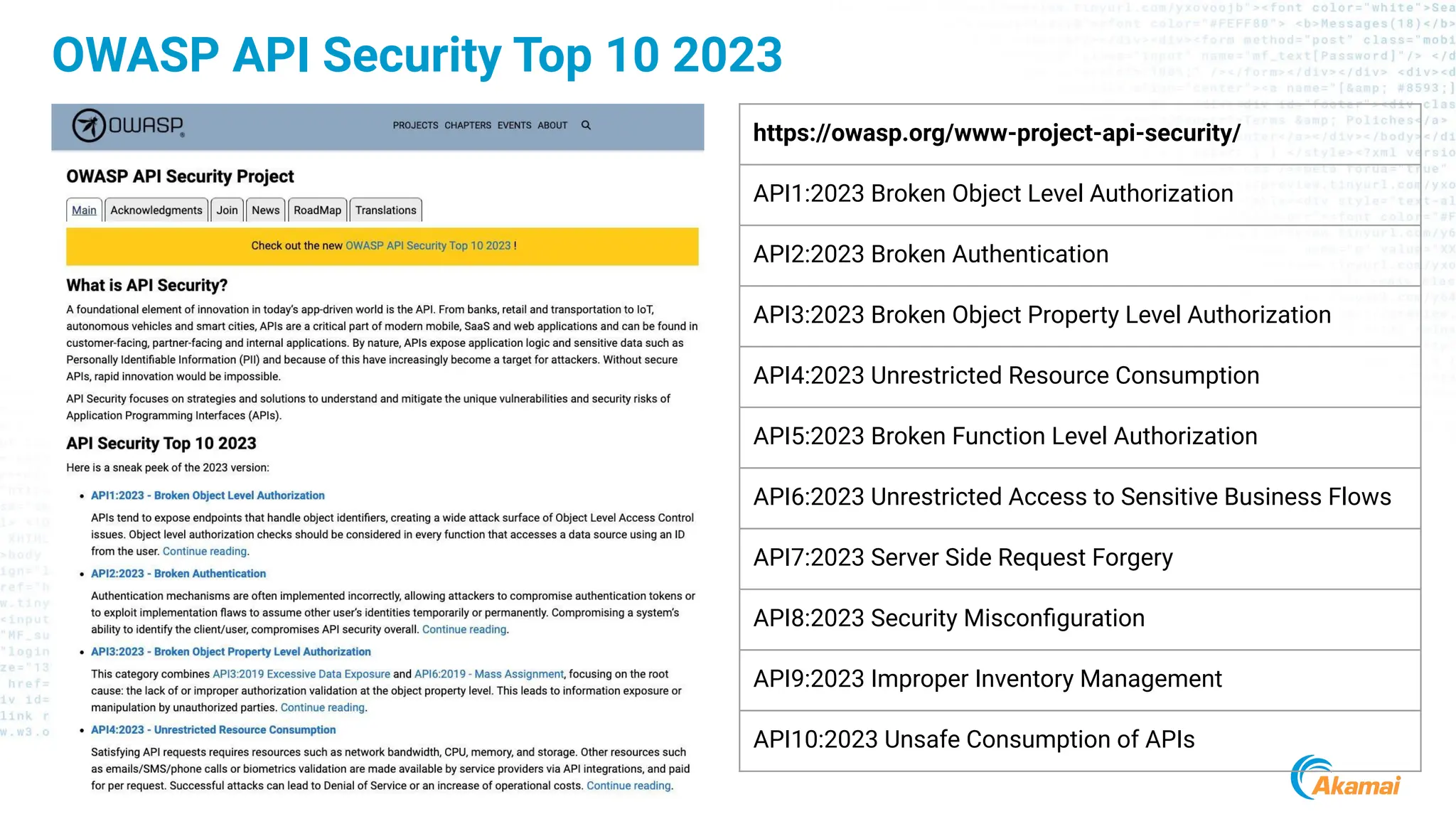 © 2024 Akamai
13
OWASP API Security Top 10 2023
https://owasp.org/www-project-api-security/
API1:2023 Broken Object Level Authorization
API2:2023 Broken Authentication
API3:2023 Broken Object Property Level Authorization
API4:2023 Unrestricted Resource Consumption
API5:2023 Broken Function Level Authorization
API6:2023 Unrestricted Access to Sensitive Business Flows
API7:2023 Server Side Request Forgery
API8:2023 Security Misconﬁguration
API9:2023 Improper Inventory Management
API10:2023 Unsafe Consumption of APIs
 