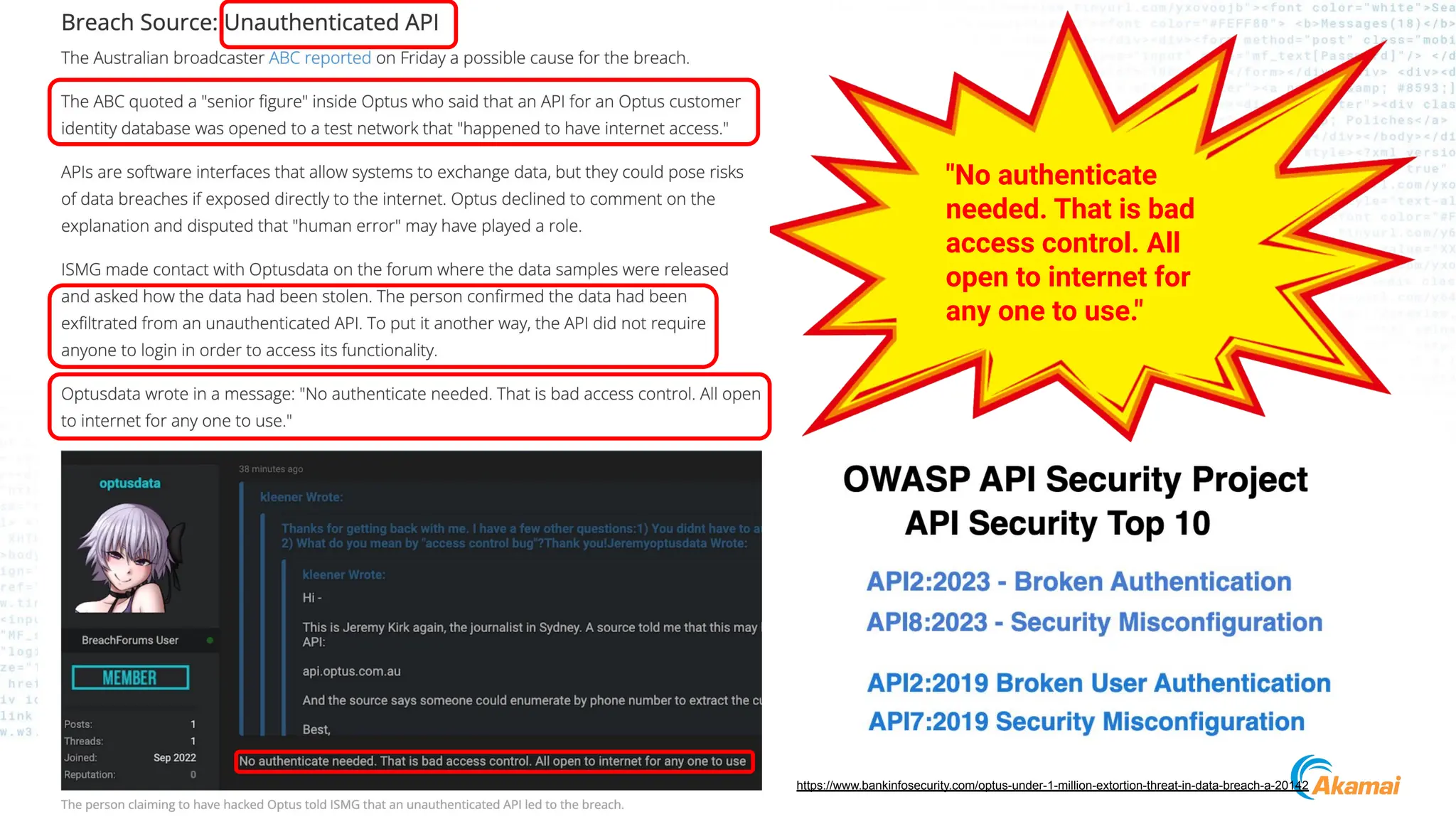 © 2024 Akamai
30 https://www.bankinfosecurity.com/optus-under-1-million-extortion-threat-in-data-breach-a-20142
"No authenticate
needed. That is bad
access control. All
open to internet for
any one to use."
 