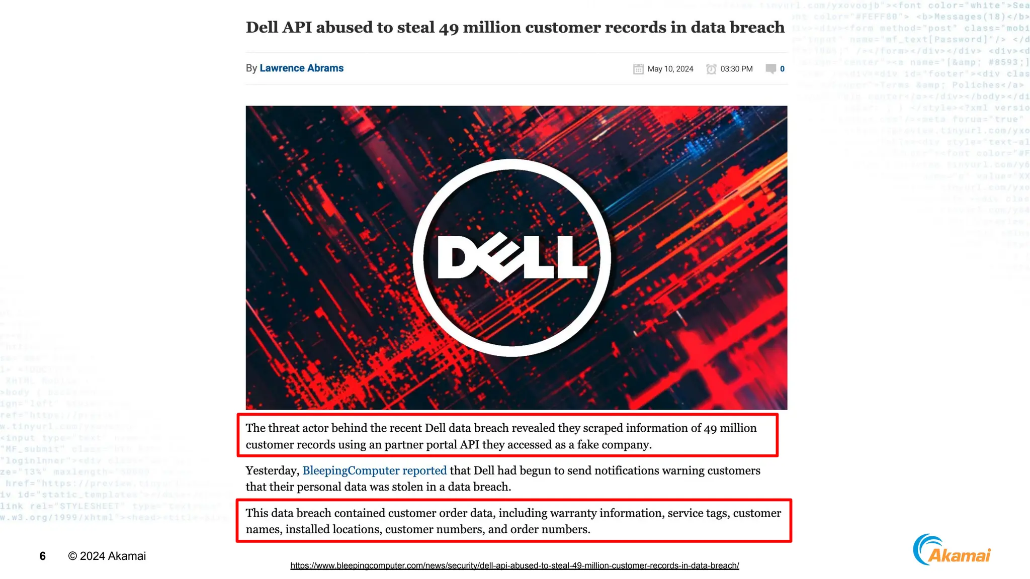 © 2024 Akamai
6
https://www.bleepingcomputer.com/news/security/dell-api-abused-to-steal-49-million-customer-records-in-data-breach/
 