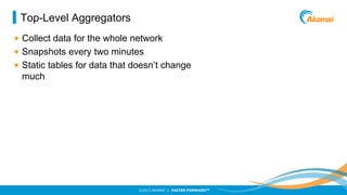 Top-Level Aggregators
• Collect data for the whole network
• Snapshots every two minutes
• Static tables for data that doesn’t change
much

©2013 AKAMAI | FASTER FORWARDTM

 