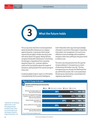 14 © The Economist Intelligence Unit Limited 2014
Sharing the blame: How companies are collaborating on data security breaches
The survey shows that there is broad agreement
about the benefits of disclosure as a weapon
against breaches, in particular that it would
improve the perception of data security (a view
with which about 57% agree). Nearly half also
recognise the benefit of disclosure in minimising
the damage or reputational harm caused by
breaches (Figure 12). Customer relations
staff are the most positive about the impact of
disclosure, polling ahead of the overall average in
every case.
A separate global research report on information
risk published by The Economist Intelligence
What the future holds3
Unit in November 2013 says sharing knowledge
of threats is one of the critical steps in improving
information risk management. It is much more
effective to share knowledge with competitors
and peers rather than waiting for the government
or others to act.
The senior security executive from CSL says the
company believes in transparency as a means
of advancing information security. “The less
transparent you are, the less the likelihood that
you will find the answer. CSL is not scared about
disclosing security breaches, and we follow the
regulatory requirements.”
4
Information risk: Managing
digital assets in a new
technology landscape,
available at http://www.
economistinsights.com/
technology-innovation/
analysis/information-risk
Benefits of disclosing security breaches
(% respondents)
Source: The Economist Intelligence Unit.
Figure 12: It pays to be open
Minimise the reputational damage
caused to your firm as a result of
data security breaches
Improve public perception of
data security
Act as a deterrent to future data
hackers
Minimise the damage caused by
data security breaches
Minimise the legal expense of
data security breaches
Agree Neither agree nor disagree Disagree Don’t know
39% 35% 19% 8%
47% 31% 19% 4%
57% 22% 19% 3%
39% 27% 29% 5%
47% 32% 17% 5%
 