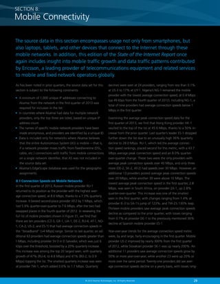 29© 2013 Akamai Technologies, Inc. All Rights Reserved
As has been noted in prior quarters, the source data set for this
section is subject to the following constraints:
•	A minimum of 1,000 unique IP addresses connecting to
Akamai from the network in the first quarter of 2013 was
required for inclusion in the list.
•	In countries where Akamai had data for multiple network
providers, only the top three are listed, based on unique IP
address count.
•	The names of specific mobile network providers have been
made anonymous, and providers are identified by a unique ID.
•	Data is included only for networks where Akamai believes
that the entire Autonomous System (AS) is mobile — that is,
if a network provider mixes traffic from fixed/wireline (DSL,
cable, etc.) connections with traffic from mobile connections
on a single network identifier, that AS was not included in
the source data set.
•	Akamai’s EdgeScape database was used for the geographic
assignments.
8.1 Connection Speeds on Mobile Networks
In the first quarter of 2013, Russian mobile provider RU-1
returned to its position as the provider with the highest aver-
age connection speed, at 8.6 Mbps, thanks to a 7.3% quarterly
increase. It bested second-place provider AT-2 by 1 Mbps, which
lost 5.9% quarter-over-quarter to 7.6 Mbps, after the two had
swapped places in the fourth quarter of 2012. In reviewing the
full list of mobile providers shown in Figure 31, we find that
there are ten providers (CZ-3, GR-1, UA-1, DE-2, RU-4, AT-1, NO-
1, CA-2, US-2, and ES-1) that had average connection speeds in
the “broadband” (4 Mbps) range. Similar to last quarter, an ad-
ditional 63 providers had average connection speeds greater than
1 Mbps, including provider SV-3 in El Salvador, which was just 6
kbps over the threshold, boosted by a 20% quarterly increase.
This increase was among the top 20 largest seen, with quarterly
growth of 47% (RU-4, to 4.8 Mbps) and 41% (BO-2, to 0.9
Mbps) topping the list. The smallest quarterly increase was seen
at provider TW-1, which added 0.6% to 1.7 Mbps. Quarterly
declines were seen at 24 providers, ranging from less than 0.1%
at US-3 to 17% at UY-1. Nigeria’s NG-1 remained the mobile
provider with the lowest average connection speed, at 0.4 Mbps
(up 49 kbps from the fourth quarter of 2012). Including NG-1, a
total of nine providers had average connection speeds below 1
Mbps in the first quarter.
Examining the average peak connection speed data for the
first quarter of 2013, we find that Hong Kong provider HK-1
vaulted to the top of the list at 45.6 Mbps, thanks to a 50% in-
crease from the prior quarter. Last quarter’s leader ES-1 dropped
further down the list due to an unusually high 36% quarterly
decline to 28.0 Mbps. RU-1, which led the average connec-
tion speed rankings, placed second for this metric, with a 43.7
Mbps average peak connection speed and an 8.0% quarter-
over-quarter change. These two were the only providers with
average peak connection speeds over 40 Mbps, and only three
more (DE-2, SK-2, AT-2) had speeds over 30 Mbps. However, an
additional 13 providers posted average peak connection speeds
over 20 Mbps, while another 39 were above 10 Mbps. The
lowest average peak connection speed in the first quarter, 2.8
Mbps, was seen in South Africa, on provider ZA-1, up 2.8%
quarter-over-quarter. This increase was one of the smallest
seen in the first quarter, with changes ranging from 1.4% at
provider IE-3 to SA-1’s jump of 123%, and TW-2’s 130% leap.
Thirteen mobile providers saw average peak connection speeds
decline as compared to the prior quarter, with losses ranging
from 0.7% at provider DE-1 to the previously mentioned 36%
decline at Spanish mobile provider ES-1.
Year-over-year trends for the average connection speed metric
were, by and large, fairly encouraging in the first quarter. Mobile
provider US-2 improved by nearly 300% from the first quarter
of 2012, while Slovakian provider SK-1 was up nearly 200%. An
additional 11 providers saw average connection speeds grow by
50% or more year-over-year, while another 23 were up 20% or
more over the same period. Twenty-one providers did see aver-
age connection speeds decline on a yearly basis, with losses rang-
SECTION 8:
Mobile Connectivity
The source data in this section encompasses usage not only from smartphones, but
also laptops, tablets, and other devices that connect to the Internet through these
mobile networks. In addition, this edition of the State of the Internet Report once
again includes insight into mobile traffic growth and data traffic patterns contributed
by Ericsson, a leading provider of telecommunications equipment and related services
to mobile and fixed network operators globally.
 