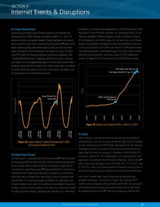 33© 2013 Akamai Technologies, Inc. All Rights Reserved
SECTION 9:
Internet Events  Disruptions
9.1 Hugo Chavez Dies
Venezuelan president Hugo Chavez served as the President of
Venezuela from 1999 through his death on March 13, 2013. A
prominent and controversial leader, Chavez had been seriously ill
with cancer for more than a year prior to his passing.48
News of his
death spread quickly, with Venezuelan citizens turning to online
news sources for more information. As shown in Figure 35, Aka-
mai HTTP traffic (in hits/second) from customers classified in the
“Media  Entertainment” category, delivered to users in Venezu-
ela, began to climb aggressively about an hour after Chavez died,
peaking nearly two-thirds higher than traffic levels seen just before
his death. Note that while not shown in the figure, the Mbps traf-
fic levels spike in a similar fashion as well.
On March 13, white smoke appeared at 7:06 PM local time (2:06
PM Eastern Time).51
Within minutes, live streaming traffic on the
Akamai Intelligent Platform began to climb, as shown in Figure
36. Anticipation, and traffic, grew for the next hour, until the se-
lection of Jorge Mario Bergoglio as the newly elected Pope Fran-
cis was announced at 8:15 PM local time (3:15 PM Eastern time).
Live streaming traffic continued to grow for a few more minutes
after the announcement, reaching a peak of 2197 Gbps (just
under 2.2 Tbps) at 8:25 PM local time (3:25 PM Eastern time).
Figure 35: Spike in Akamai “Media  Entertainment”Traffic
to Venezuela on March 6, 2013
Hugo Chavez dies
20:55 UTC
04-Mar
00:00UTC
04-Mar
12:00UTC
05-Mar
00:00UTC
05-Mar
12:00UTC
06-Mar
00:00UTC
06-Mar
12:00UTC
Hitspersecond
Figure 36: Akamai Live Streaming Traffic on March 13, 2013
12:30
13:00
13:30
14:00
14:30
15:00
15:30
Gbps
White Smoke Appears
2:06 pm ET
2197 Gbps Peak 3:25 pm ET
New Pope Named 3:15 pm ET
9.2 New Pope Chosen
On February 11, Pope Benedict XVI announced49
that he would
be resigning effective February 28, citing his advanced age and
lower energy levels as key factors in his decision. Upon his an-
nouncement, published reports50
indicated that the conclave to
choose the next Pope was expected to convene in mid-March,
with the intent of selecting a new Pope in time to preside over
Easter Mass. The conclave began on March 12, and was a sig-
nificant media event, both for traditional mainstream broadcast
media, as well as online outlets, with observers watching closely
for signs of white smoke, signaling the selection of a new Pope.
9.3 Syria
After seeing a number of Internet disruptions during 2012,
connectivity in the country saw problems right as 2013 began
as well. Monitoring of HTTP traffic delivered from the Akamai
Intelligent platform to users in Syria showed three brief out-
ages that occurred on January 1, between 16:00-18:00 UTC,
as seen in Figure 37. This observation is corroborated by out-
ages seen by Internet monitoring firm Renesys, which noted52
that it saw brief outages occur at 16:46 UTC, 17:15 UTC, and
17:39 UTC, with all of the impacted networks reaching the In-
ternet through the Syrian Telecommunications Establishment.
Less than a week later, Syria’s Internet connectivity saw
another disruption. As shown in Figure 38, Akamai HTTP
traffic to Syria dropped off just before 9:00 UTC on January 6,
and remained out for approximately three-and-a-half hours.
A published report notes53
that this outage occurred at the
 