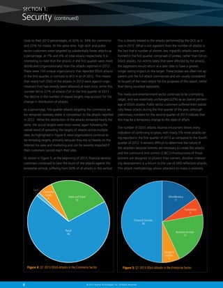 8 © 2013 Akamai Technologies, Inc. All Rights Reserved
This is directly related to the attacks performed by the QCF, as it
was in 2012. What is not apparent from the number of attacks is
the fact that a number of shorter, less impactful attacks were per-
formed in the first quarter, comprised of probes, rather than full-on
DDoS attacks. For victims (sites) that were affected by the attacks,
the aggressors would return at a later date to have a greater,
longer lasting impact on the target. These probes are often not ap-
parent until the full attack commences and are usually considered
to be part of the main attack for the purposes of this report, rather
than being recorded separately.
The media and entertainment sector continues to be a tempting
target, and was essentially unchanged (22%) as an overall percent-
age of DDoS attacks. Public sector customers suffered from statisti-
cally fewer attacks during the first quarter of the year, although
preliminary numbers for the second quarter of 2013 indicate that
this may be a temporary change to the state of affairs.
The number of DDoS attacks Akamai encounters shows every
indication of continuing to grow, with nearly 5% more attacks be-
ing reported in the first quarter of 2013 as compared to the fourth
quarter of 2012. It remains difficult to determine the nature of
the attackers because botnets are necessary to create the attacks
and the command and control (CC) infrastructures of these
botnets are designed to protect their owners. Another interest-
ing development is a return to the use of DNS reflection attacks.
This attack methodology allows attackers to make a relatively
SECTION 1:
Security (continued)
close to their 2012 percentages, at 32% vs. 34% for commerce
and 22% for media. At the same time, high tech and public
sector customers were targeted by substantially fewer attacks as
a percentage, at 7% and 4% of total attacks respectively. It is
interesting to note that the attacks in the first quarter were more
distributed (organizationally) than the attacks reported in 2012.
There were 154 unique organizations that reported DDoS attacks
in the first quarter, in contrast to 413 in all of 2012. This means
that nearly half (350) of the attacks in 2012 were against orga-
nizations that had already been attacked at least once, while this
number fell to 27% of attacks (54) in the first quarter of 2013.
The decline in the number of repeat targets may account for the
change in distribution of attacks.
As a percentage, first quarter attacks targeting the commerce sec-
tor remained relatively stable in comparison to the attacks reported
in 2012. While the distribution of the attacks remained nearly the
same, the actual targets were more varied, again following the
overall trend of spreading the targets of attacks across multiple
sites. As highlighted in Figure 4, retail organizations continue to
be tempting targets, primarily because they rely so heavily on the
Internet for sales and marketing and can be severely impacted if
their customers cannot reach their sites.
As shown in Figure 5, at the beginning of 2013, financial services
customers continued to bear the brunt of the attacks against the
enterprise vertical, suffering from 50% of all attacks in this vertical.
Hotel and Travel
16
Consumer
Goods
4
Retail
46
SaaS
1
Figure 4: Q1 2013 DDoS Attacks in the Commerce Sector
Financial Services
36
Miscellaneous
11
Business Services
15
Automotive
5
Energy 
Utilities
5
Figure 5: Q1 2013 DDoS Attacks in the Enterprise Sector
 