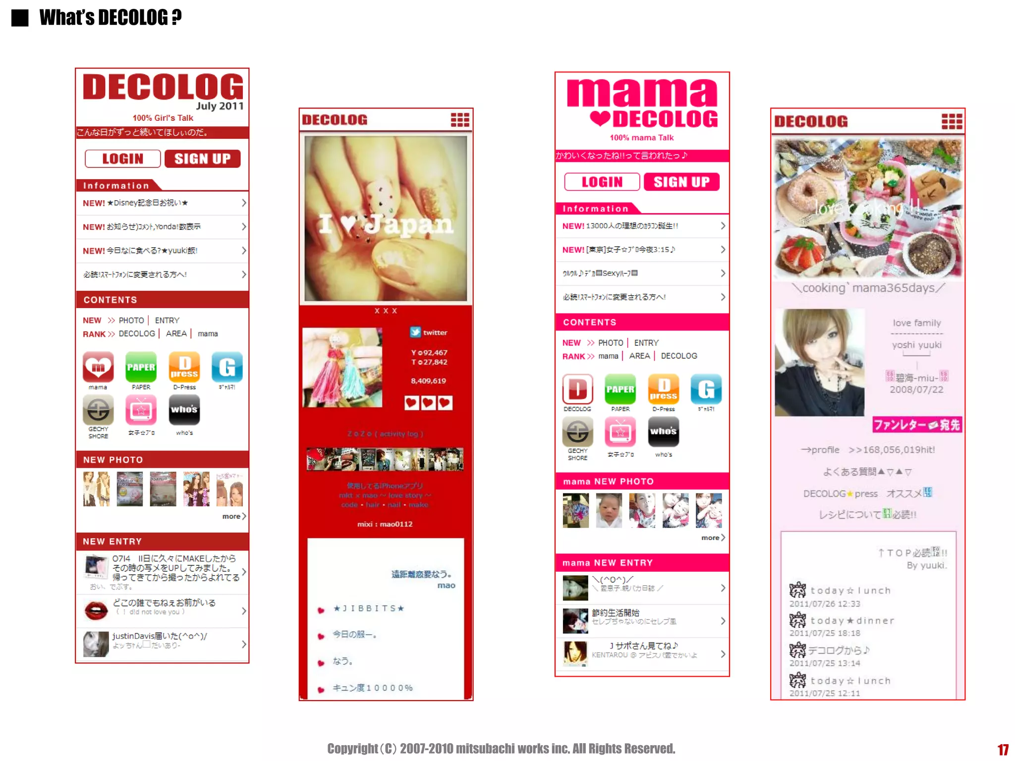 ■ What’s DECOLOG ?




                     Copyright（C） 2007-2010 mitsubachi works inc. All Rights Reserved.   17
 