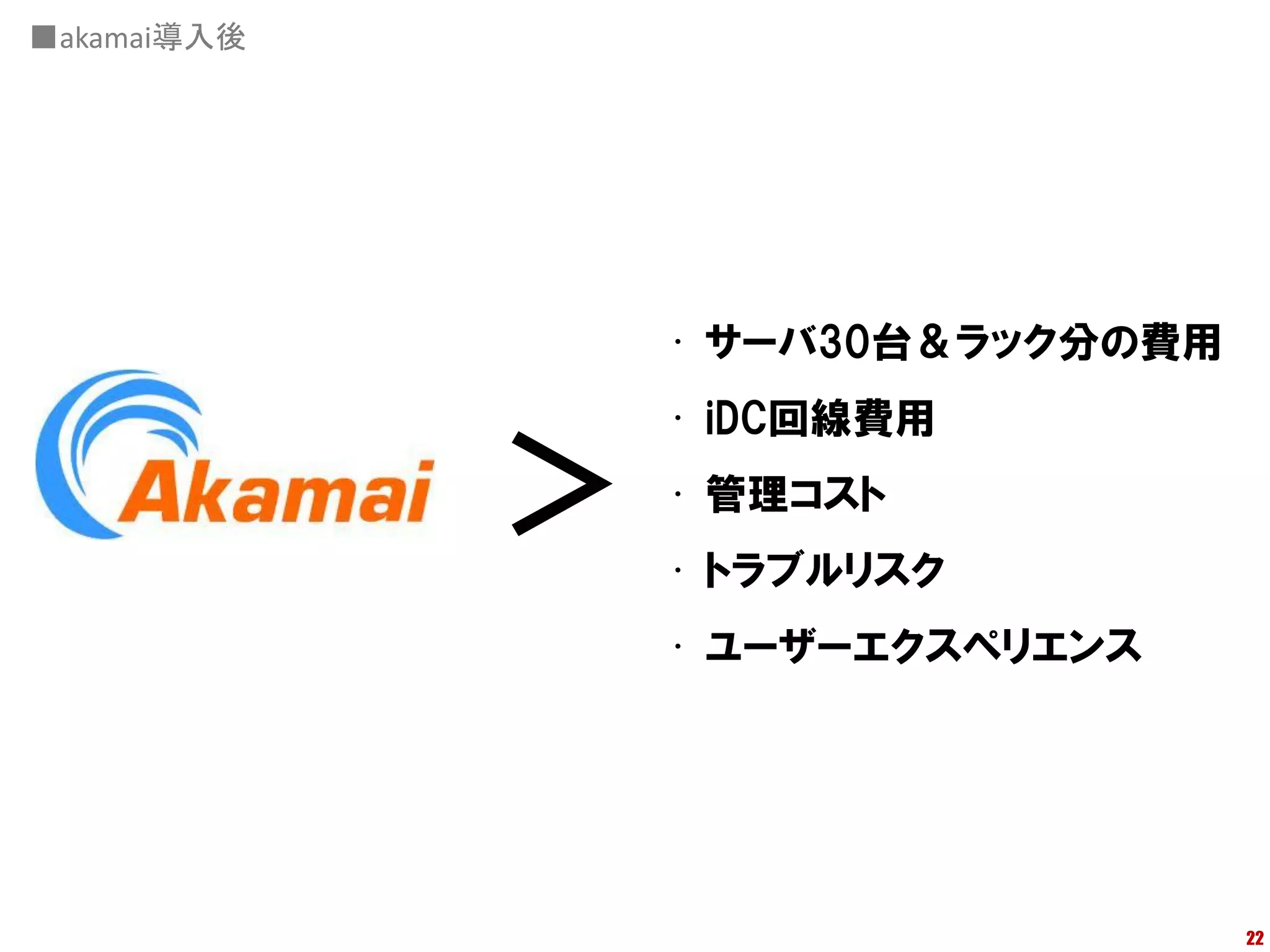 ■akamai導入後




                 • サーバ30台＆ラック分の費用
                 • iDC回線費用

             ＞   • 管理コスト
                 • トラブルリスク
                 • ユーザーエクスペリエンス




                                    22
 