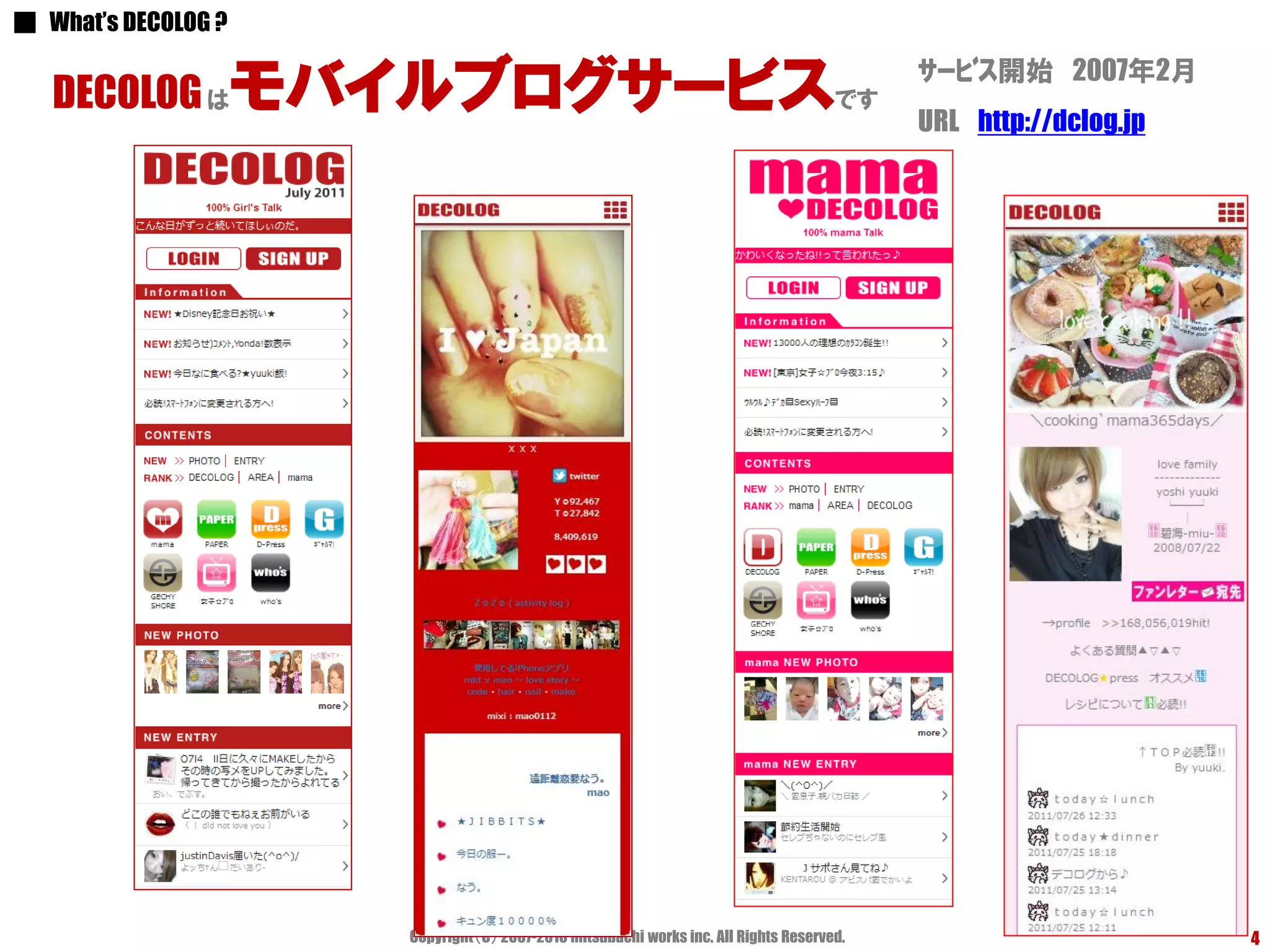 ■ What’s DECOLOG ?
                                                                                         ｻｰﾋﾞｽ開始 2007年2月
   DECOLOG はモバイルブログサービスです
                                                                                         URL http://dclog.jp




                     Copyright（C） 2007-2010 mitsubachi works inc. All Rights Reserved.                         4
 