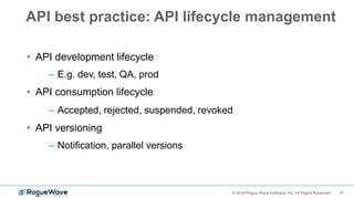 27© 2018 Rogue Wave Software, Inc. All Rights Reserved.
API best practice: API lifecycle management
• API development life...