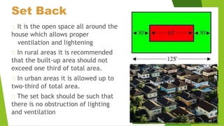 Set Back
It is the open space all around the
house which allows proper
ventilation and lightening
In rural areas it is recommended
that the built-up area should not
exceed one third of total area.
In urban areas it is allowed up to
two-third of total area.
The set back should be such that
there is no obstruction of lighting
and ventilation
 