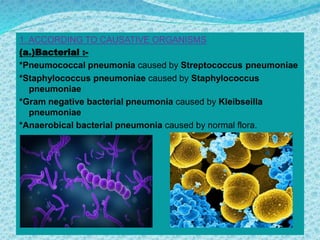 1. ACCORDING TO CAUSATIVE ORGANISMS
(a.)Bacterial :-
*Pneumococcal pneumonia caused by Streptococcus pneumoniae
*Staphylococcus pneumoniae caused by Staphylococcus
pneumoniae
*Gram negative bacterial pneumonia caused by Kleibseilla
pneumoniae
*Anaerobical bacterial pneumonia caused by normal flora.
 