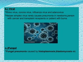 b.) Viral
*Rhino virus, corona virus, influenza virus and adenovirus
*Herpex simplex virus rarely causes pneumonia in newborns,person
with cancer and transplant recepients or patient with burns
c.)Fungal
*Fungal pneumonia caused by histoplasmosis,blastomycosis etc
 