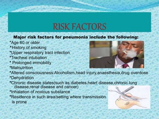 RISK FACTORS
Major risk factors for pneumonia include the following:
*Age 60 or older
*History of smoking
*Upper respiratory tract infection
*Tracheal intubation
* Prolonged immobility
*Malnutrition
*Altered consciousness:Alcoholism,head injury,anaesthesia,drug overdose
*Dehydration
*Chronic disease states(such as diabetes,heart disease,chronic lung
disease,renal disease and cancer)
*Inhalation of noxious substance
*Residence in such area/setting where transmission
is prone
 