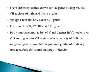  There are many alleles known for the genes coding VL and
VH regions of light and heavy chains
 For eg: There are 40 VL and 5 JL genes
 There are 51 VH, 27 DH and 6 JH genes
 So by random combination of V and J genes in VL regions or
V D and J genes in VH regions a large variety of different
antigenic specific variables regions are produced. Splicing
produced fully functional antibody molecule.
 