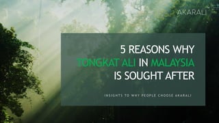 TM
5 REASONS WHY
TONGKAT ALI IN MALAYSIA
IS SOUGHT AFTER
I N S I G H T S T O W H Y P E O P L E C H O O S E A K A R A L I
 