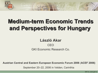 GKI Co.,www.gki.hu Medium-term Economic Trends and Perspectives for Hungary   László Akar CEO GKI Economic Research Co. Austrian Central and Eastern European Economic Forum 2006  ( ACEF 2006) September 20–22, 2006 in Velden, Carinthia   