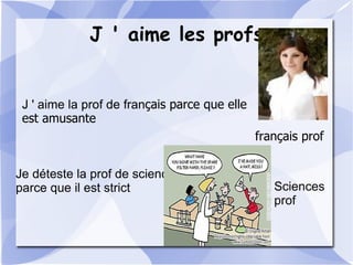 J ' aime les profs
J ' aime la prof de français parce que elle
est amusante
français prof
Je déteste la prof de sciences
parce que il est strict Sciences
prof