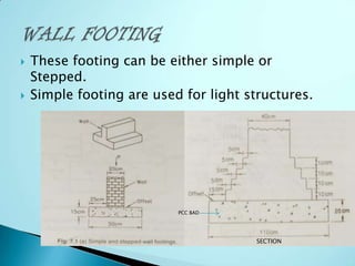 



These footing can be either simple or
Stepped.
Simple footing are used for light structures.

PCC BAD

SECTION

 