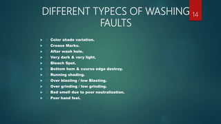 DIFFERENT TYPECS OF WASHING
FAULTS
 Color shade variation.
 Crease Marks.
 After wash hole.
 Very dark & very light.
 Bleach Spot.
 Bottom hem & course edge destroy.
 Running shading.
 Over blasting / low Blasting.
 Over grinding / low grinding.
 Bad smell due to poor neutralization.
 Poor hand feel.
14
 