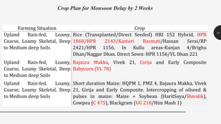 Crop Plan for Monsoon Delay by 2 Weeks
14
Farming Situation Crop
Upland Rain-fed, Loamy,
Coarse, Loamy Skeletal, Deep
to Medium deep Soils
Rice (Transplanted/Direct Seeded) HRI 152 Hybrid, HPR
1068/HPR 2143/Kasturi Basmati/Hassan Serai/RP
2421/HPR 1156. In Kullu areas-Kunjan 4/Brighu
Dhan/Naggar Dhan. Direct Sown: HPR 1156/VL Dhan 221
Upland Rain-fed, Loamy,
Coarse, Loamy Skeletal, Deep
to Medium deep Soils
Bajaura Makka, Vivek 21, Girija and Early Composite
Babycorn (VL 78)
Upland Rain-fed, Loamy,
Coarse, Loamy Skeletal, Deep
to Medium deep Soils
Short duration Maize: HQPM 1, PMZ 4, Bajaura Makka, Vivek
21, Girija and Early Composite. Intercropping of oilseed &
pulses in maize: Maize + Soybean (HaritSoya/Shivalik),
Cowpea (C 475), Blackgram (UG 218/Him Mash 1)
 