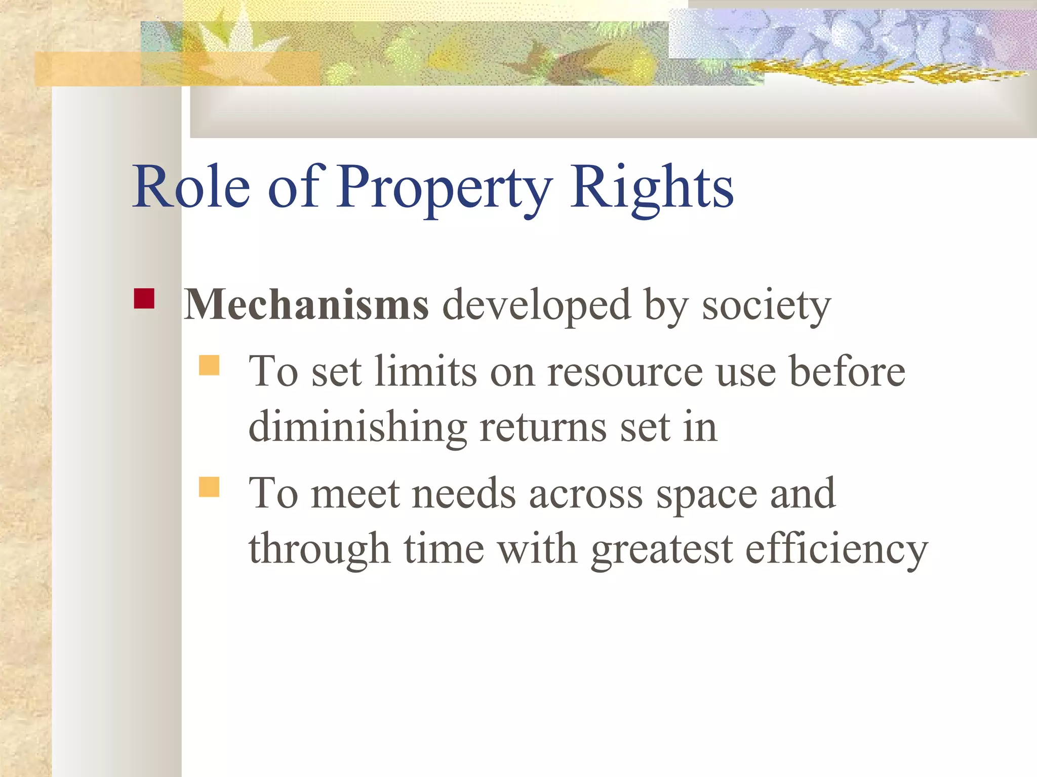 Role of Property Rights
 Mechanisms developed by society
 To set limits on resource use before
diminishing returns set in
 To meet needs across space and
through time with greatest efficiency
 