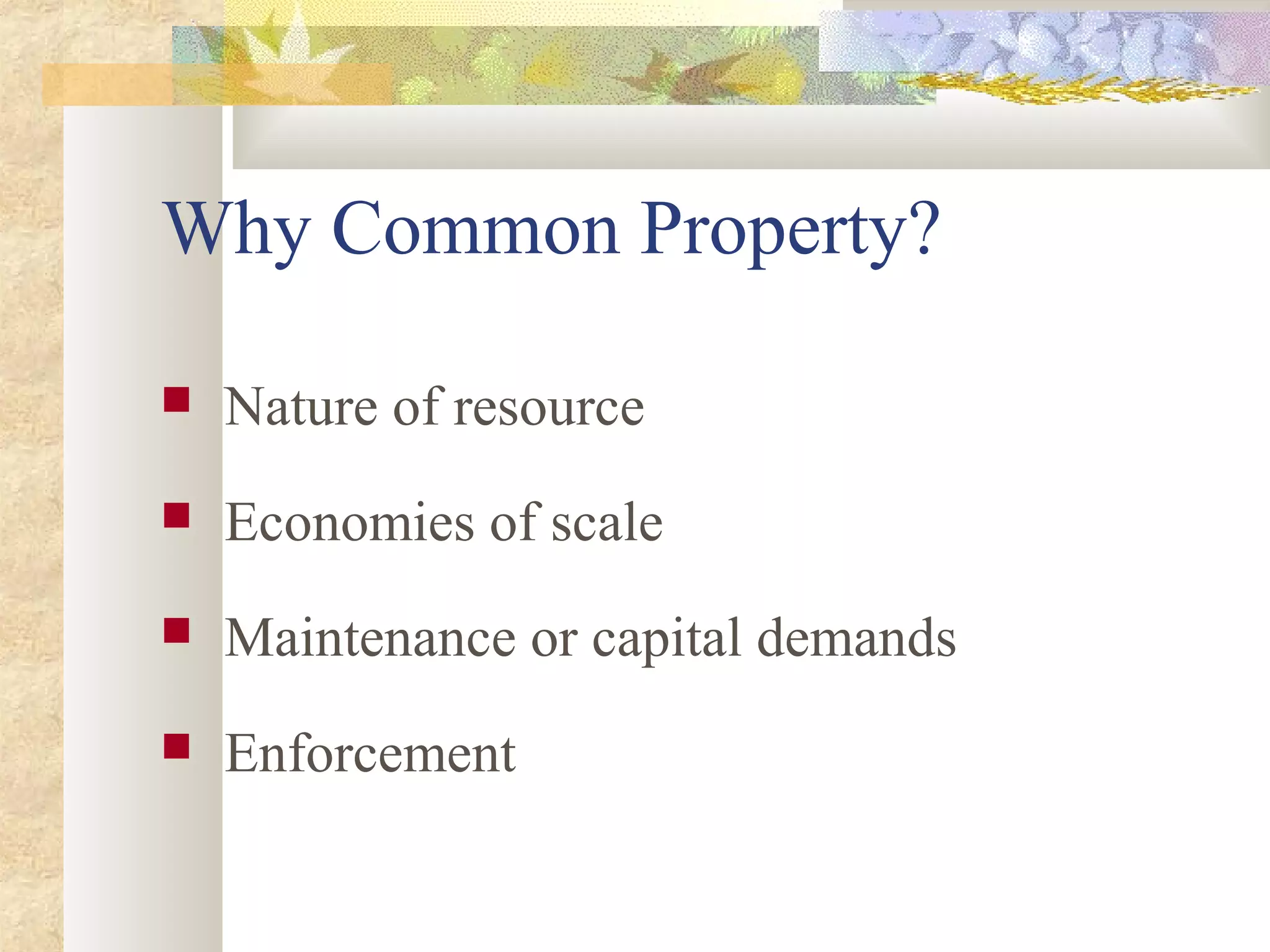 Why Common Property?
 Nature of resource
 Economies of scale
 Maintenance or capital demands
 Enforcement
 