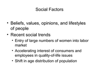 Social Factors
• Beliefs, values, opinions, and lifestyles
of people
• Recent social trends
• Entry of large numbers of women into labor
market
• Accelerating interest of consumers and
employees in quality-of-life issues
• Shift in age distribution of population
 