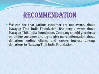  We can see that various customer are not aware, about
Navayug Thik India Foundation, few people aware about
Navayug Thik India Foundation. Company should give focus
on online customer and try to give more information about
donations online clients and create interest among
donations in Navayug Thik India Foundation.
 
