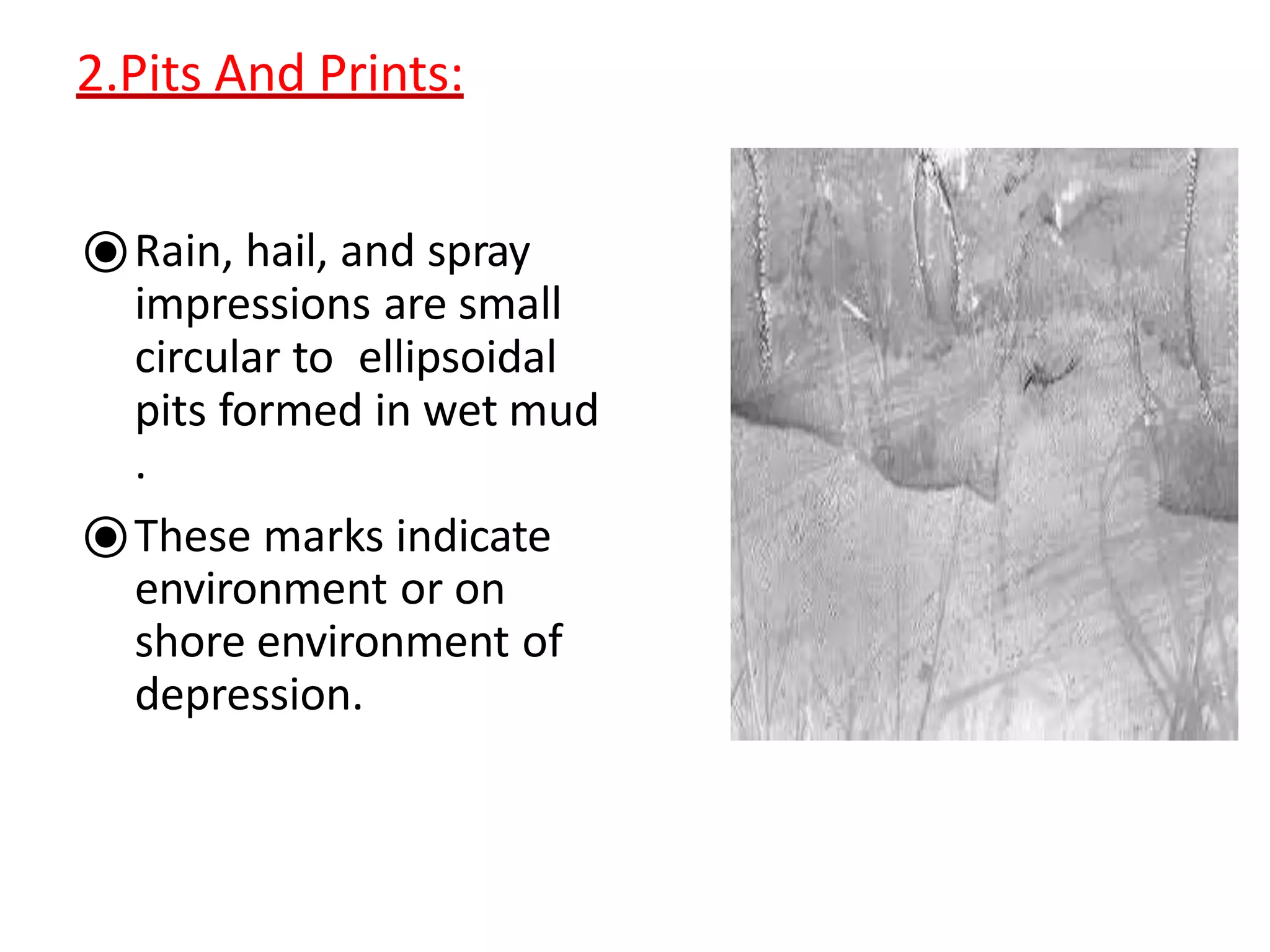 2.Pits And Prints:
⦿Rain, hail, and spray
impressions are small
circular to ellipsoidal
pits formed in wet mud
.
⦿These marks indicate
environment or on
shore environment of
depression.
 