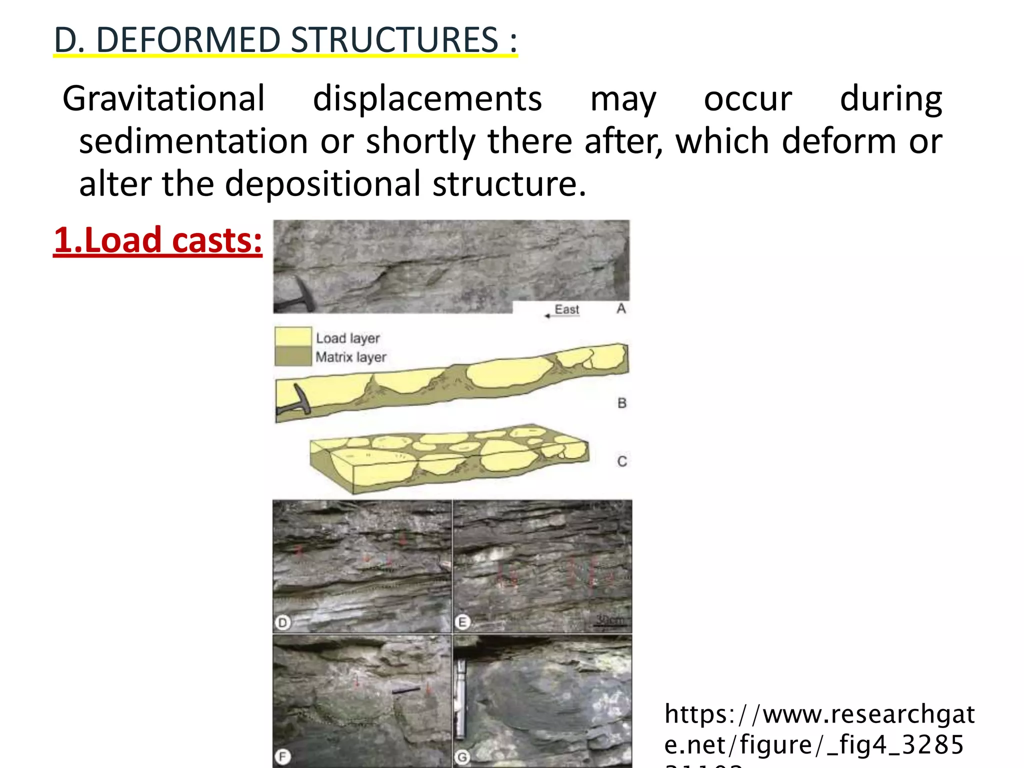 D. DEFORMED STRUCTURES :
Gravitational displacements may occur during
sedimentation or shortly there after, which deform or
alter the depositional structure.
1.Load casts:
https://www.researchgat
e.net/figure/_fig4_3285
 