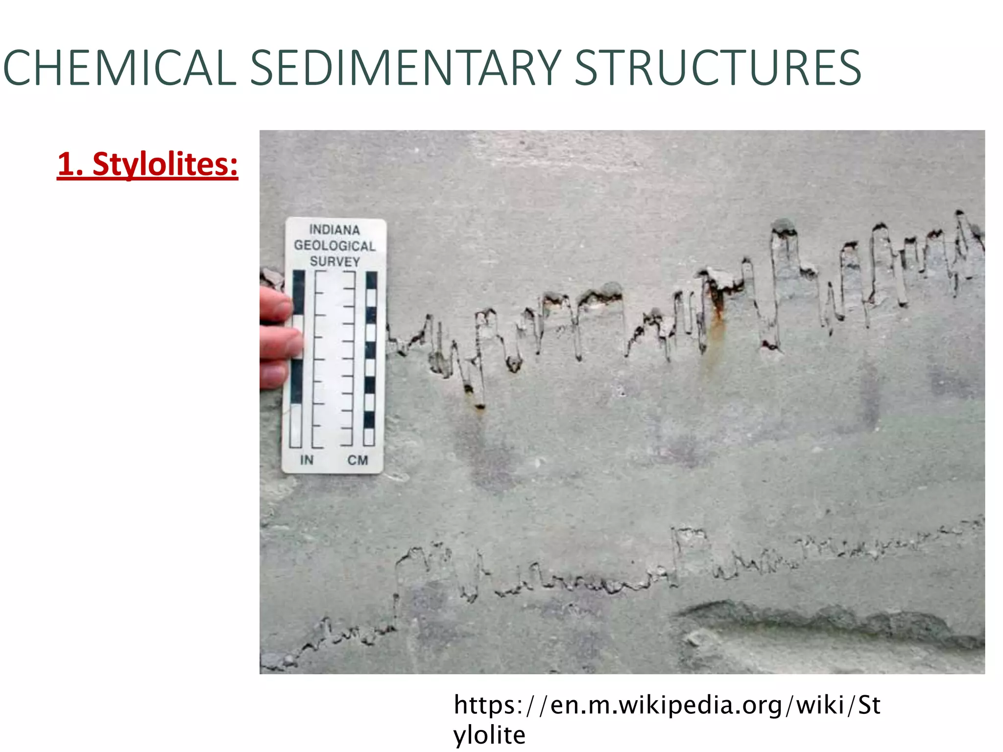 CHEMICAL SEDIMENTARY STRUCTURES
1. Stylolites:
https://en.m.wikipedia.org/wiki/St
ylolite
 