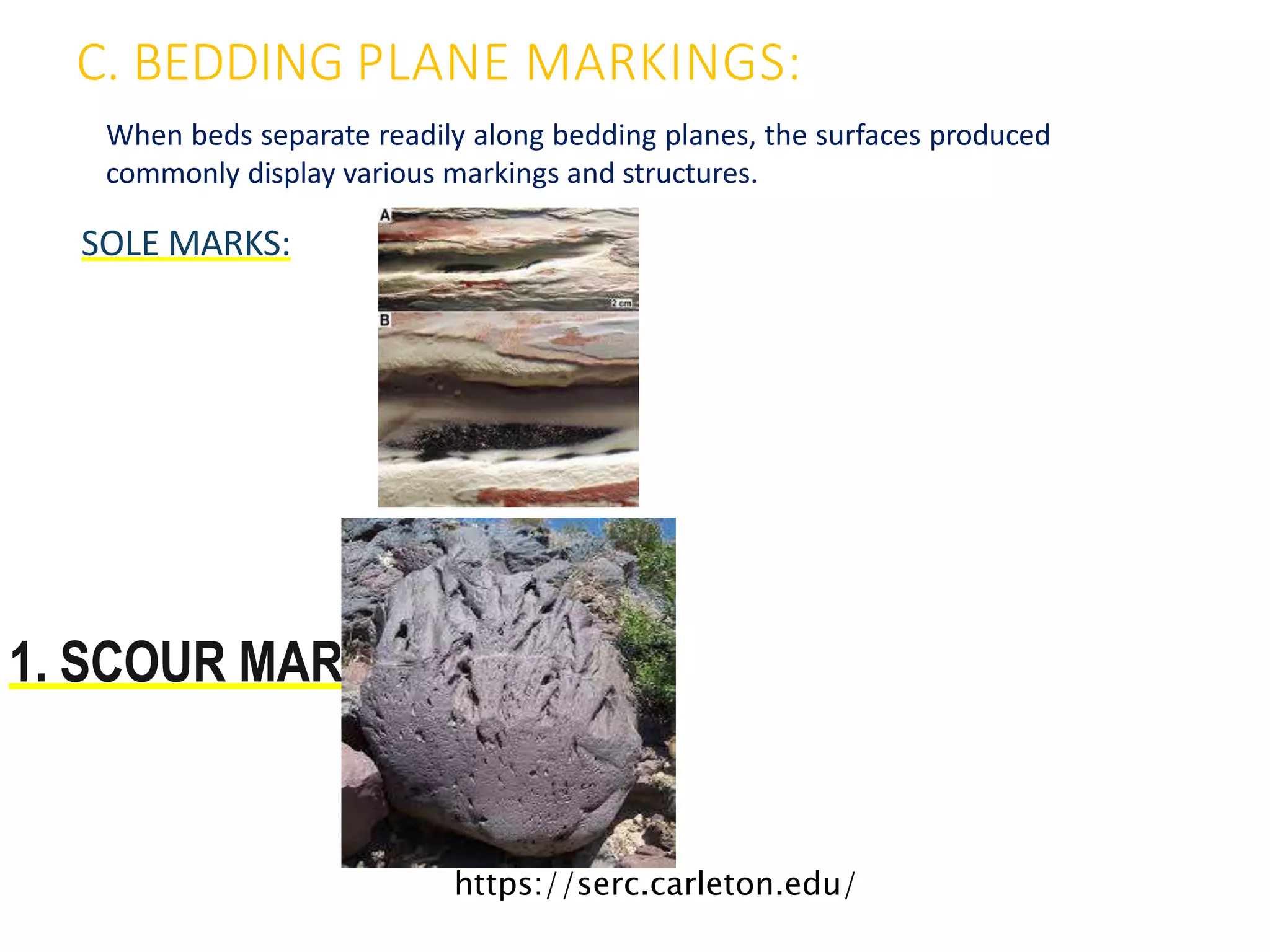 C. BEDDING PLANE MARKINGS:
SOLE MARKS:
1. SCOUR MARKS:
When beds separate readily along bedding planes, the surfaces produced
commonly display various markings and structures.
https://serc.carleton.edu/
 