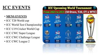 ICC EVENTS
• MENS EVENTS
• ICC T20 World cup
• ICC World Test Championship
• ICC U19 Cricket World Cup
• ICC CWC Super Lea...