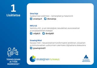 TEKNOLOGIAN
JA TYÖN
MURROKSET
Oma linja
Syrjäytymisen estäminen – toimenpiteet ja mekanismit
omalinja.fi @omalinja
MFG 4.0
Val­mis­tus 4.0 - ja sen tek­no­lo­gi­set, ta­lou­del­li­set, kou­lu­tuk­sel­li­set
ja so­si­aa­li­po­liit­ti­set stra­te­giat
mfg40.fi @mfg40fi
Growing Mind
Kasvava mieli – Kasvatukselliset transformaatiot yksilöllisen, sosiaalisen
ja institutionaalisen uudistumisen tukemiseksi digitaalisena aikakautena
growingmind.fi
1Lisätietoa
 