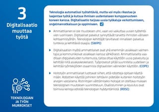 TEKNOLOGIAN
JA TYÖN
MURROKSET
Teknologia automatisoi työtehtäviä, mutta voi myös rikastaa ja
laajentaa työtä ja kutsua ihmisen uudenlaiseen kumppanuuteen
koneen kanssa. Digitalisaatio tarjoaa uusia työkaluja verkottumiseen,
ongelmanratkaisuun ja oppimiseen.
	 Ammattilainen ei ole muutoksen uhri, vaan voi vaikuttaa uusien työtehtä-
vienluomiseen. Digitaaliset palvelut synnyttävät tarvetta ihmisten väliseen
kohtaamistyöhön. Teknologian kehittäjät tarvitsevat rinnalleen palvelua
tuntevia ja kehittäviä osaajia. (SWiPE)
	 Digitalisaation myötä ammattilaiset ovat yhä enemmän asiakkaan valmen-
tajia ja kommunikoivat asiakkaan kanssa sähköisesti. Ammattilaiselta vaa-
ditaan digipalveluiden tuntemusta, taitoa ottaa käyttöönuusia palveluita ja
kehittää niitäasiakaskeskeisesti. Työprosessit pitää suunnitella uudelleen ja
kehittää työntekijöiden osaamista digitaalisten välineiden käyttöön. (COPE)
	 Hoitotyön ammattilaiset luottavat siihen, että robotteja opitaan käyttä-
mään. Robottien käyttöä joihinkin tehtäviin pidetään kuitenkin hoitotyön
arvojen vastaisena. Ristiriitojen välttämiseksi hoitajat on otettava mukaan
teknologisen muutoksen suunnitteluun. Osallistuminen ja koulutus ovat
toimivia keinoja edistää teknologian hyödyntämistä. (ROSE)
3Digitalisaatio
muuttaa
työtä
 