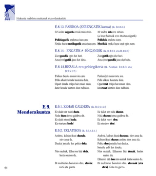 Hizkuntz erabilera makurrak eta erdarakadak


                                       E.8.13. PASIBOA (ZERENGATIK kasua) (Ik. B.4.6.3.)
                                       32 andre nigatik erreak izan ziren.    32 andre nik erre nituen.
                                                                              ( beste batzuek erre zituzten nigatik)
                                       Poliziagatik atxilotua izan zen.       Poliziak atxilotu zuen.
                                       Neska hura mutilagatik utzia izan zen. Mutilak neska hura utzi egin zuen.

                                       E.8.14. -ENGATIK ≠ -ENGANDIK (Ik. B.4.6.3. eta B.4.6.2.)
                                       Zuregandik egin dut hori.                Zuregatik egin dut hori.
                                       Ama(ren)gatik jaso dut bizia.            Ama(ren)gandik jaso dut bizia.

                                       E.8.15.BEZALA-ren gehiegikeria                   (Ik. Nortzat, B.4.6.3. eta
                                                B.3.5.1.2.)
                                       Pailazo bezala mozorrotu zen.            Pailazo(z) mozorrotu zen.
                                       Pello alkate bezala hautatu dute.        Pello alkate hautatu dute.
                                       Opari bezala erloju bat eman nion.       Oparitzat erloju bat eman nion.
                                       Jator bezala hartzen dute taldean.       Jatortzat hartzen dute taldean.




               E.9.                    E.9.1. ZEHAR GALDERA               (Ik. B.5.4.1.2.)

      Menderakuntza                    Ez dakit zer nahi duzu.                  Ez dakit zer nahi duzun.
                                       Nola duzu izena galdetu dit.             Nola duzun izena galdetu dit.
                                       Ez dakit etorri bada.                    Ez dakit etorri den.
                                       Ea etortzen bada!                        Ea etortzen den!

                                       E.9.2. ERLATIBOA (Ik. B.5.4.2.1.)
                                       Andrea, kalean ikusi duzula,             Andrea, kalean ikusi duzuna, nire ama da.
                                          nire ama da.                          Kalean ikusi duzun andrea nire ama da.
                                       Dauka jostailu bat polita dela.          Polita den jostailu bat dauka.
                                                                                Jostailu polit bat dauka.
                                       Nire osabak, Eibarren bizi dela,         Nire osabak, Eibarren bizi denak, horixe
                                           horixe esaten du.                          esaten du.
                                                                                Eibarren bizi den nire osabak horixe esaten du.
                                       Bi multzotan banatzen dira, direla:      Bi multzotan banatzen dira, direnak (eta
294                                        zuria eta gorria.                         dira) zuria eta gorria.
 