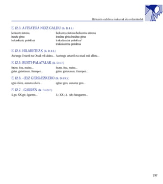 Hizkuntz erabilera makurrak eta erdarakadak


E.12.3. A ITSATSIA NOIZ GALDU (Ik. D.4.5.)
hezkuntz sistema                           hezkuntza sistema/hezkuntza-sistema
iraultz giroa                              iraultza giroa/iraultza-giroa
irakaskuntz proiektua                      irakaskuntza proiektua/
                                           irakaskuntza-proiektua

E.12.4. HILABETEAK (Ik. D.4.6.)
Aurtengo Urtarril eta Otsail erdi aldera... Aurtengo urtarril eta otsail erdi aldera...

E.12.5. BUSTI-PALATALAK (Ik. D.4.7.)
itxaso, itxu, maixu...                     itsaso, itsu, maisu...
gaiso, gaisotasun, itsaropen...            gaixo, gaixotasun, itxaropen...

E.12.6. -(E)Z GERO/EZKERO (Ik. D.4.9.5.)
egin ezkero, asmatu ezkero...              eginez gero, asmatuz gero...

E.12.7. -GARREN (Ik. D.4.9.7.)
5.gn; XX.gn; 3garren...                    5.; XX.; 3. edo hirugarren...




                                                                                                                             297
 