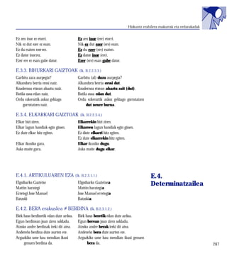 Hizkuntz erabilera makurrak eta erdarakadak


Ez zen inor ez etorri.                   Ez zen inor (ere) etorri.
Nik ez dut ezer ez esan.                 Nik ez dut ezer (ere) esan.
Ez du esaten ezerrez.                    Ez du ezer (ere) esaten.
Ez dator inorrez.                        Ez dator inor (ere).
Ezer ere ez esan gabe dator.             Ezer (ere) esan gabe dator.

E.3.3. BIHURKARI GAIZTOAK                  (Ik. B.2.2.3.3.)
Garbitu zara aurpegia?                   Garbitu (al) duzu aurpegia?
Alkandora berria erosi naiz.             Alkandora berria erosi dut.
Koadernoa etxean ahaztu naiz.            Koadernoa etxean ahaztu zait (dut).
Botila osoa edan naiz.                   Botila osoa edan dut.
Ordu ezkeroztik askoz gehiago            Ordu ezkeroztik askoz gehiago gorrotatzen
     gorrotatzen naiz.                        dut neure burua.

E.3.4. ELKARKARI GAIZTOAK                  (Ik. B.2.2.3.4.)
Elkar bizi ziren.                        Elkarrekin bizi ziren.
Elkar lagun handiak egin ginen.          Elkarren lagun handiak egin ginen.
Ez dute elkar hitz egiten.               Ez diote elkarri hitz egiten.
                                         Ez dute elkarrekin hitz egiten.
Elkar ikusiko gara.                      Elkar ikusiko dugu.
Asko maite gara.                         Asko maite dugu elkar.




E.4.1. ARTIKULUAREN EZA                 (Ik. B.2.3.1.1.)                             E.4.
Elgoibarko Gaztetxe                      Elgoibarko Gaztetxea                        Determinatzailea
Mattin harategi                          Mattin harategia
Erretegi Joxe Manuel                     Joxe Manuel erretegia
Batzoki                                  Batzokia

E.4.2. BERA erakuslea ≠ BERDINA (Ik. B.2.3.1.2.)
Biek baso berdinetik edan dute ardoa.    Biek baso beretik edan dute ardoa.
Egun berdinean joan ziren soldadu.       Egun berean joan ziren soldadu.
Atzoko andre berdinak ireki dit atea.    Atzoko andre berak ireki dit atea.
Andereño berdina dute aurten ere.        Andereño bera dute aurten ere.
Argazkiko ume hau mendian ikusi          Argazkiko ume hau mendian ikusi genuen
     genuen berdina da.                        bera da.                                                               287
 