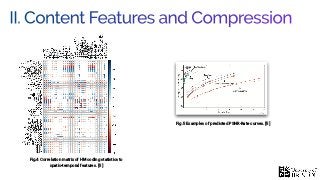 II. Content Features and Compression
Fig.4 Correlation matrix of HM coding statistics to
spatio-temporal features. [5]
Fig.5 Examples of predicted PSNR-Rate curves. [5]
 