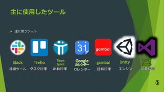 主に使用したツール
 主に使うツール
6
Slack Trello
Team
Spirit カレンダー
gamba! Unity Visual
Studio
 