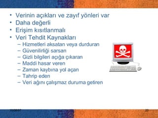 Verinin açıkları ve zayıf yönleri var Daha değerli Erişim kısıtlanmalı Veri Tehdit Kaynakları Hizmetleri aksatan veya durduran Güvenilirliği sarsan Gizli bilgileri açığa çıkaran Maddi hasar veren Zaman kaybına yol açan Tahrip eden Veri ağını çalışmaz duruma getiren 
