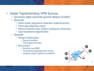 Hatalı Yapılandırılmış VPN Sunucu Güvensiz ağlar üzerinde güvenli iletişim tünelleri  Sorunlar Harici kimlik doğrulama sistemleri kullanılmaması  Yerel ağa doğrudan erişim  İstemci-Internet arası iletişim izolasyonu olmaması Zayıf kriptolama algoritmaları  Öneriler Gezgin kullanıcılara Sayısal sertifika  Tek kullanımlık şifre  Sunuculara Kendine has DMZ Yerel alana bağ  güvenlik duvarı Uzaktan erişim haklarına kısıtlama 