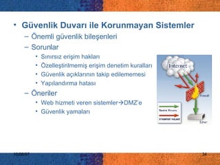 Güvenlik Duvarı ile Korunmayan Sistemler  Önemli güvenlik bileşenleri Sorunlar Sınırsız erişim hakları  Özelleştirilmemiş erişim denetim kuralları Güvenlik açıklarının takip edilememesi Yapılandırma hatası Öneriler Web hizmeti veren sistemler  DMZ’e Güvenlik yamaları 