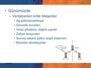 Günümüzde Veritabanları kritik bileşenler Ağ bölümlendirilmesi  Güvenlik duvarları  Veriyi şifreleme, dağıtık yapılar Zafiyet tarayıcıları  Sunucu tabanlı saldırı tespit sistemleri  Bütünlük denetleyiciler  