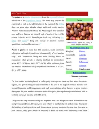INTRODUCTION

The potato is a starchy, tuberous crop from the perennial Solanum
Potato

tuberosum of the Nightshade family. The word may refer to the
plant itself as well as the edible tuber. In the region of the Andes,
there are some other closely related cultivated potato species.
Potatoes were introduced outside the Andes region four centuries
ago, and have become an integral part of much of the world's
cuisine. It is the world's fourth-largest food crop, following rice,
wheat and maize.[1] Long-term storage of potatoes requires
specialised care in cold warehouses.[2]

Potato cultivars appear in a variety of
colors, shapes, and sizes

Scientific classification
Potato is grown in more than 100 countries, under temperate,
subtropical and tropical conditions. It is essentially a "cool weather
crop", with temperature being the main limiting factor on
production: tuber growth is sharply inhibited in temperatures
below 10°C (50°F) and above 30°C (86°F), while optimum yields
are obtained where mean daily temperatures are in the 18 to 20°C
(64 to 68°F) range.

Kingdom:

Plantae

(unranked):

Asterids

Order:

Solanales

Family:

Solanaceae

Genus:

Solanum

Species:

S. tuberosum
Binomial name

Solanum tuberosum
L.

For that reason, potato is planted in early spring in temperate zones and late winter in warmer
regions, and grown during the coolest months of the year in hot tropical climates. In some subtropical highlands, mild temperatures and high solar radiation allow farmers to grow potatoes
throughout the year, and harvest tubers within 90 days of planting (in temperate climates, such in
northern Europe, it can take up to 150 days).
The potato is a very accommodating and adaptable plant, and will produce well without ideal soil
and growing conditions. However, it is also subject to number of pests and diseases. To prevent
the build-up of pathogens in the soil, farmers avoid growing potato on the same land from year to
year. Instead, they grow potato in rotations of three or more years, alternating with other,

 