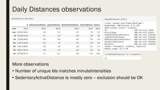Daily Distances observations
More observations
• Number of unique Ids matches minuteIntensities
• SedentaryActiveDistance is mostly zero – exclusion should be OK
 