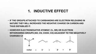 1. INDUCTIVE EFFECT
• IF THE GROUPS ATTACHED TO CARBANIONS ARE ELECTRON RELEASING IN
NATURE THEY WILL INCREASES THE NEGATIVE CHARGE ON CARBON AND
THUS DISTABILIZE IT.
• HOWEVER ELECTRONEGATIVE ATOMS(F, CL, BR) OR ELECTRON
WITHDRAWING GROUPS (NO, CN, COOH, CO) ADJACENT TO THE NEGATIVELY
CHARGED CARBON WILL STABILIZE THE CARBANIONS.
 