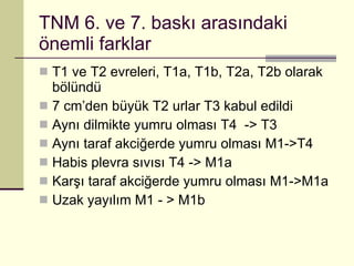 TNM 6. ve 7. baskı arasındaki önemli farklar T1 ve T2 evreleri, T1a, T1b, T2a, T2b olarak bölündü 7 cm’den büyük T2 urlar T3 kabul edildi  Aynı dilmikte yumru olması T4  -> T3 Aynı taraf akciğerde yumru olması M1->T4 Habis plevra sıvısı T4 -> M1a Karşı taraf akciğerde yumru olması M1->M1a Uzak yayılım M1 - > M1b 