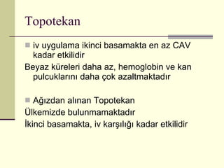 Topotekan iv uygulama ikinci basamakta en az CAV kadar etkilidir Beyaz küreleri daha az, hemoglobin ve kan pulcuklarını daha çok azaltmaktadır Ağızdan alınan Topotekan Ülkemizde bulunmamaktadır İkinci basamakta, iv karşılığı kadar etkilidir 
