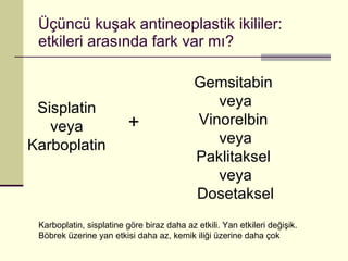 Üçüncü kuşak antineoplastik ikililer: etkileri arasında fark var mı? Sisplatin veya  Karboplatin Gemsitabin  veya Vinorelbin  veya Paklitaksel  veya Dosetaksel + Karboplatin, sisplatine göre biraz daha az etkili. Yan etkileri değişik. Böbrek üzerine yan etkisi daha az, kemik iliği üzerine daha çok 
