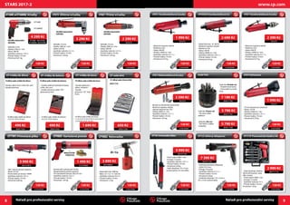 8 Nářadí pro profesionální servisy
STARS 2017-2
CP7300R aCP7300RQC Vrtačky
- Sklíčidlo 6 mm
- Otáčky 2700 ot / min
- Výkon 200 W
- Spotřeba vzduchu 1,8 l /s
- Průměr hadice 10 mm
- Hmotnost 0,61 kg
CP7300R
CP7300RQC
JACOBS Industriální
sklíčidlo
CP7300R 8941073001
CP7300RQC 8941073002
4 290 Kč
CP879 Úhlová vrtačka
- Sklíčidlo 10 mm
- Otáčky 1800 ot / min
- Výkon 200 W
- Spotřeba vzduchu 2,5 l /s
- Průměr hadice 10 mm
- Hmotnost 1,02 kg
JACOBS Industriální
sklíčidlo
61519798858941079010
5 990 Kč
8940172301
490 Kč
8940172302
490 Kč
8940172305
650 Kč
8940172303
1 690 Kč
T025376
2 290 Kč
T023999
3 290 Kč
- Sklíčidlo 10 mm
- Otáčky 2800 ot / min
- Výkon 380 W
- Spotřeba vzduchu 3,2 l /s
- Průměr hadice 10 mm
- Hmotnost 1,02 kg
JACOBS Industriální
sklíčidlo
CP887 Přímá vrtačka
CP7901 Přímočará pilka CP9885 Kartušová pistole
- Kontinuální vytlačování hmoty
- Regulovatelný průtok vzduchu
- Pro standardní kartuše 50x210 mm
- Spotřeba vzduchu 3,6 l /s
- Průměr hadice 10 mm
- Hmotnost 1,04 kg
1 490 Kč
+
REGULATOR
VZDUCHU
- 360 ° otočný přívod vzduchu
- Zdvih 10 mm
- Počet kmitů za minutu 10000
- Spotřeba vzduchu 2,6 l /s
- Průměr hadice 10 mm
- Hmotnost 0,86 kg
8941098820
3 890 Kč
CP9882 Nýtovačka
- Maximální síla 1000 kg
- Nýty: 2,4 / 3,2 / 4 / 4,8 mm
- Spotřeba vzduchu 0,4 l /s
- Průměr hadice 10 mm
- Hmotnost 1,5 kg
Al / Cu
CP vrtáky do dřeva CP vrtáky do betonu CP vrtáky do kovu
8-dílná sada vrtáků do betonu
3-4-5-6-7-8-9-10mm
19-dílná sada vrtáků do kovu
1-1,5-2-2,5-3-3,5-4-4,5-5-5,5, 6-6,5-7
-7,5-8-8,5-9-9,5-10 mm
8-dílná sada vrtáků do dřeva
3-4-5-6-7-8-9-10 mm
CP sada bitů
31-dílná sada 25mm bitů
(ISO1173)
19-dílná sada vrtáků do kovu
-Vysoká odolnost a
výkon- HSS4241
-Vysoká
přesnost-118 ° úhel
hrotu
8-dílná sada vrtáků do betonu
- Vysoká odolnost-karbidové fazety
a tělo, 45C ocel
- Vysoká účinnost vrtání-130 °
diamantový hrot
8-dílná sada vrtáků do dřeva
-Vysoký výkon-hrot a tělo 45C ocel
-Vysoká přesnost
6158105940
120 Kč
61
6158105940
120 Kč
61
6158105940
120 Kč
61
6158105940
120 Kč
61
6158105940
120 Kč
61
6158105940
120 Kč
61
www.cp.com
9Nářadí pro profesionální servisy
CP7120 Univerzálnídláto
- Počet úderů 4800 / min
- Energie 5,3 joulů
- Spotřeba vzduchu 1,9 l / s
- Průměr hadice 10 mm
- Hmotnost 2,8 kg
- Sada obsahuje: 19 x 3 mm
ocelové jehly a 35 mm dláto
8941071200
5 990 Kč
8941171110 
2 990 Kč
T025373
1 990 Kč
T025372
2 390 Kč
T025374
2 590 Kč
8940171786
7 190 Kč
8940171787
5 790 Kč
8940171788
5 790 Kč
8941071250
T025375
1 990 Kč
6151952105
2 690 Kč
CP872 Vysokootáčková bruska CP871 Vysokootáčková bruska
- Možnost regulace otáček
- Kleština 6 mm
- Výkon 300 W
- Otáčky 22000 ot / min
- Spotřeba vzduchu 6,1 l / s
- Průměr hadice 10 mm
- Hmotnost 0,57 kg
- Možnost regulace otáček
- Kleština 6 mm
- Výkon 300 W
- Otáčky 22000 ot / min
- Spotřeba vzduchu 6,1 l / s
- Průměr hadice 10 mm
- Hmotnost 0,57 kg
CP9105Q-B Vysokootáčková br.
- Nízká hlučnost - 81 dB (A)
- Možnost regulace otáček
- Kleština 6 mm
- Výkon 240 W
- Otáčky 28000 ot / min
- Spotřeba vzduchu 2,02 l / s
- Průměr hadice 10 mm
- Hmotnost 0,4 kg
CP873 Nízkootáčková bruska
- Bruska na obrušování pneumatik
- Možnost regulace otáček
- Upínání bajonet hex 3/8 "
- Otáčky 2800 ot / min
- Spotřeba vzduchu 1,5 l / s
- Průměr hadice 10 mm
- Hmotnost 1,02 kg
Sada fréz Double cut
- Dvojitá řezná hrana
- Univerzální na tvrdé
kovy
Sada fréz Alu cut
- Na hliník a měkké
materiály
CP7111K Pneumatické kladivo kit
- 73 mm kotoučový vyřezávač
- Výkon 370 W
- Otáčky 22000 ot / min
- Spotřeba vzduchu 1,4 l / s
- Průměr hadice 10 mm
- Hmotnosť 0,79 kg
CP874 VyřezávačSada fréz
CP7125 Jehlový oklepávač
1071250
7 390 Kč
6158105940
120 Kč
61
6158105940
120 Kč
61
6158105940
120 Kč
61
6158105940
120 Kč
61
6158105940
120 Kč
61
6158105940
120 Kč
61
6158105940
120 Kč
61
6158105940
120 Kč
61
- Praktický pistolový oklepávač
- Zdvih 33,5 mm
- Energie 5,0 joulů
- Spotřeba vzduchu 2,2 l / s
- Průměr hadice 10 mm
- Hmotnost 2,8 kg
- Dodávka obsahuje: 19 x 3 mm a
29 x 2 mm ocelové jehly
- Sada obsahuje: kladivo,
denní přimazávač, sada
dlát, vsuvka
- Počet úderů 3000 / min
- Energie 7,2 joulů
- Spotřeba vzduchu 3 l/ s
- Průměr hadice 10 mm -
Hmotnost 1,6 kg
Sada fréz Power cut
- Na velmi těžké
aplikace
 